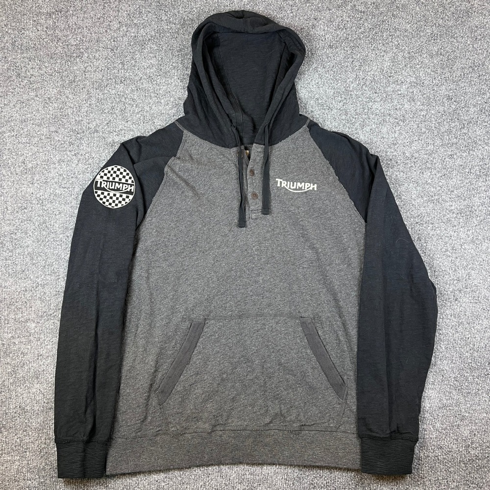 Lucky Brand Triumph Motorcycles Henley Hoodie Mens XL Gray Black Raglan Biker